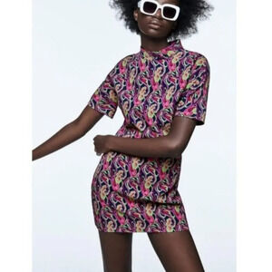 Zara Printed Colorful Mock Neck Mini Dress